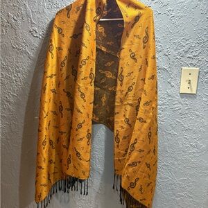 Gold Music Note Scarf with Black Fringe